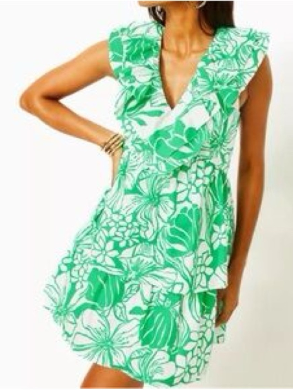 Lilly Pulitzer Green and White Floral Ruffle V-Neck Coverup